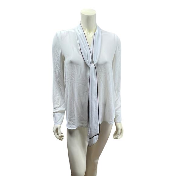Express White Tie Neck Blouse Black Piping Long Sleeve Silky Small - Picture 2 of 13